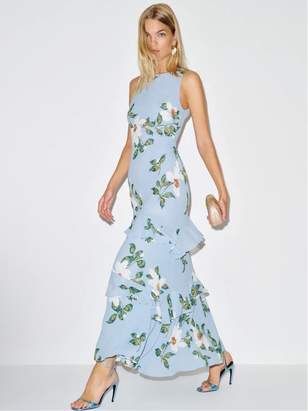Reformation Magnus Floral Maxi Dress - Light Blue with Green Leaves